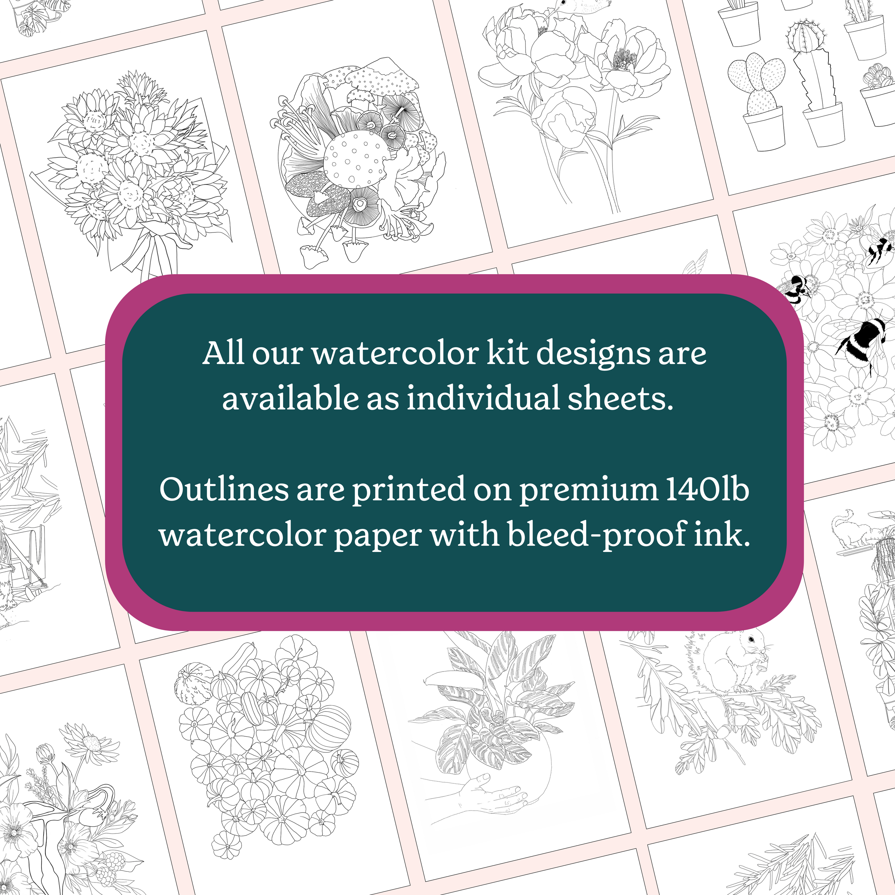 All our watercolor kits are designs are available as individual sheets. Outlines are printed on premium 140lb watercolor paper with bleed-proof ink.